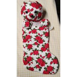 Vintage Quilted Stocking Christmas Teddybear Red Floral Laced Stained